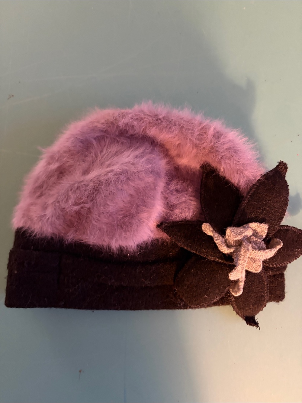 C.C Purplish Angora women’s hat. Beanie style with flowers.